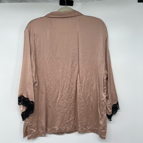 Natori Blush Satin Pajama Top with Black Lace - Picture 2 of 7